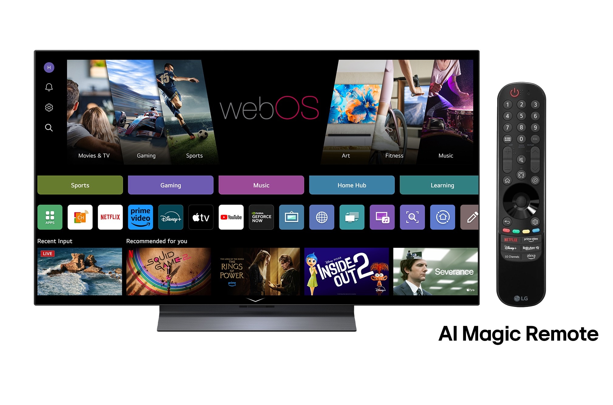 LG OLED evo AI C5 de 48 inch, 4K Smart TV, 2025, Ecran LG TV cu o AI Magic Remote în prim-plan. Butonul AI este evidențiat și un balon de text transmite, „Sugerează un film care îmi place”. Pe ecran vedem pictograma E a utilizatorului, indicând cum , OLED48C5ELB, thumbnail 3